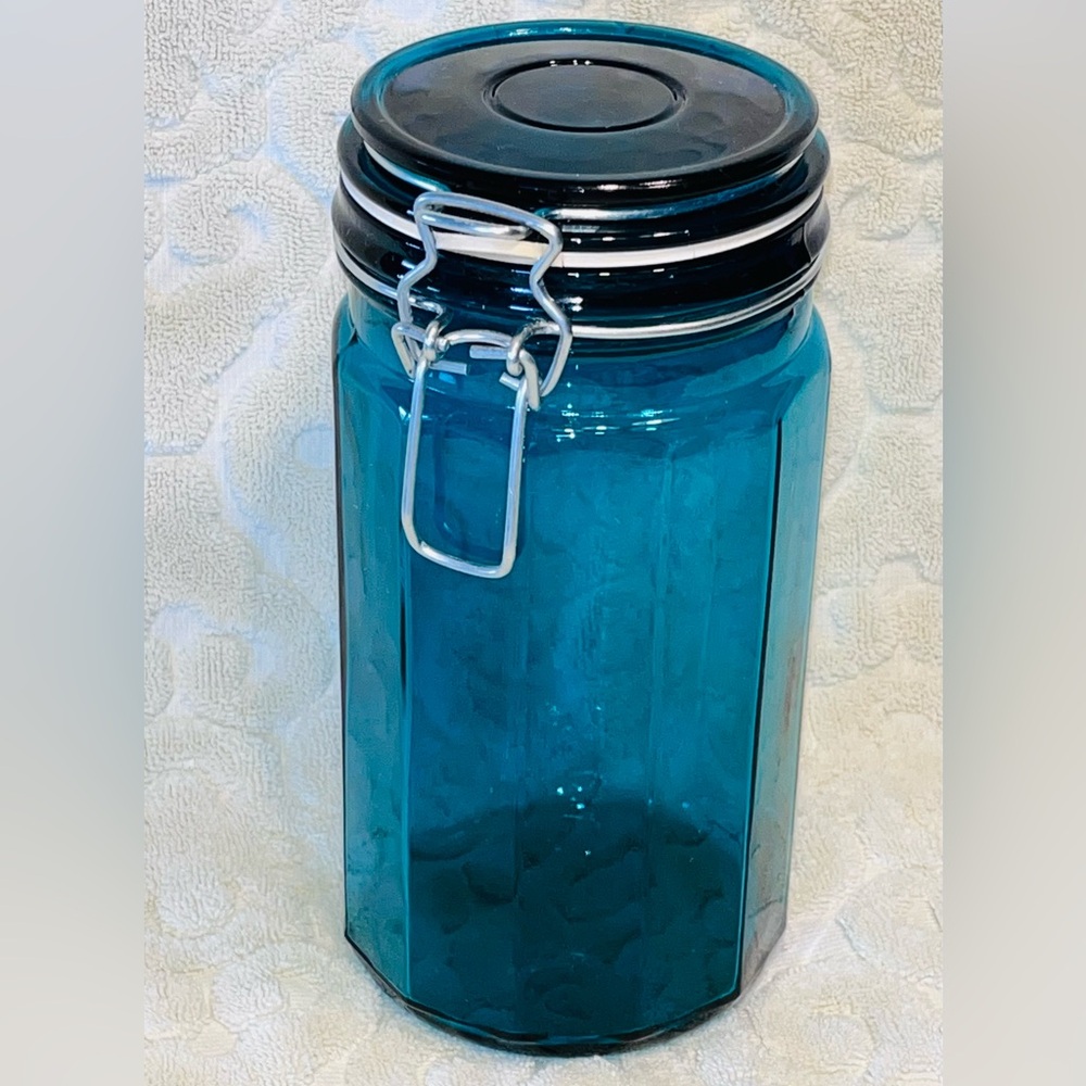 VTG teal green glass canister wire bale hinge rubber seal closure  8” tall
